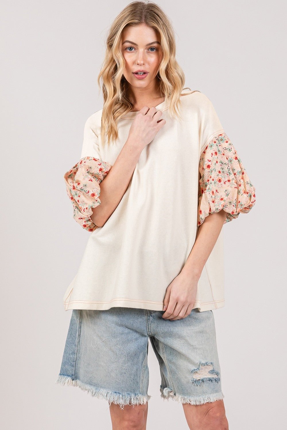 SAGE+FIGBubble Sleeve Oversized Top in Ivory