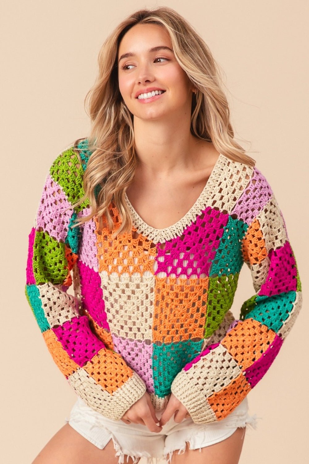 BiBiMulti Color Checkered Long Sleeve Knit Top in Oatmeal