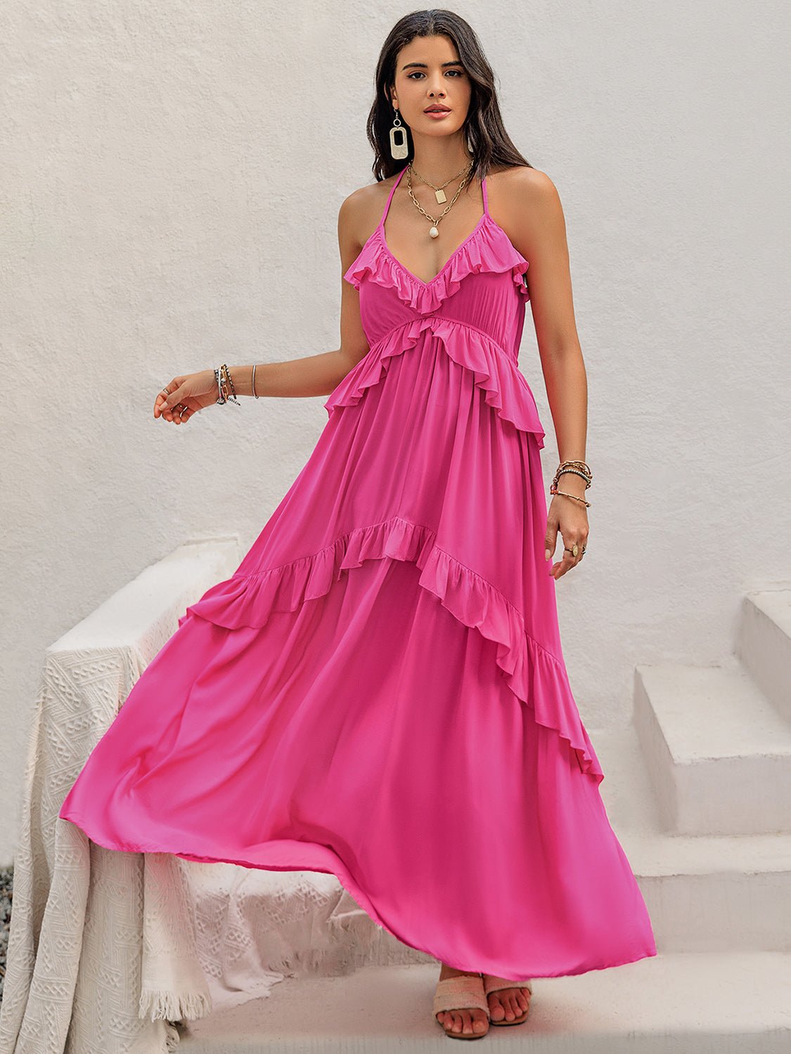 Beach Rose Co.Ruffled Halter Neck Sleeveless Maxi Dress in Hot Pink