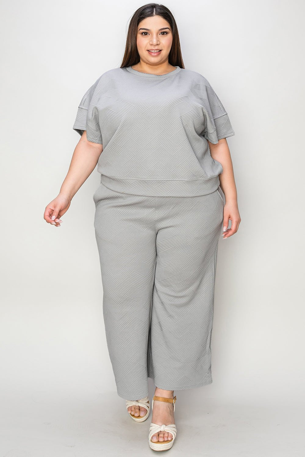 Double TakeTextured Short Sleeve Top and Pants Set