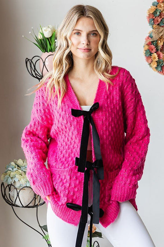 First LoveTie Closure Open Knit Cardigan in Deep Rose