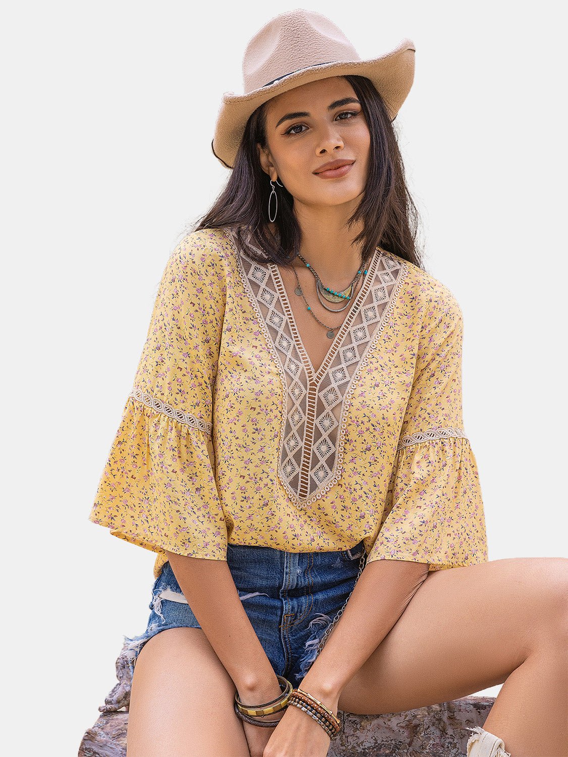 TrendsiDitsy Floral V - Neck Blouse in Pastel Yellow