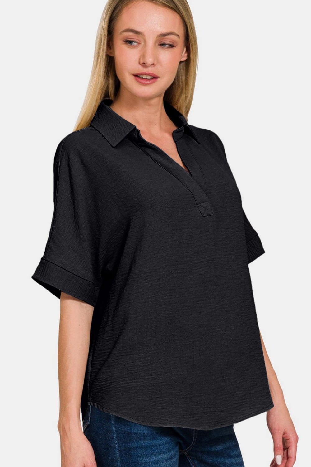 ZenanaTextured Collared Short Sleeve Top in Black