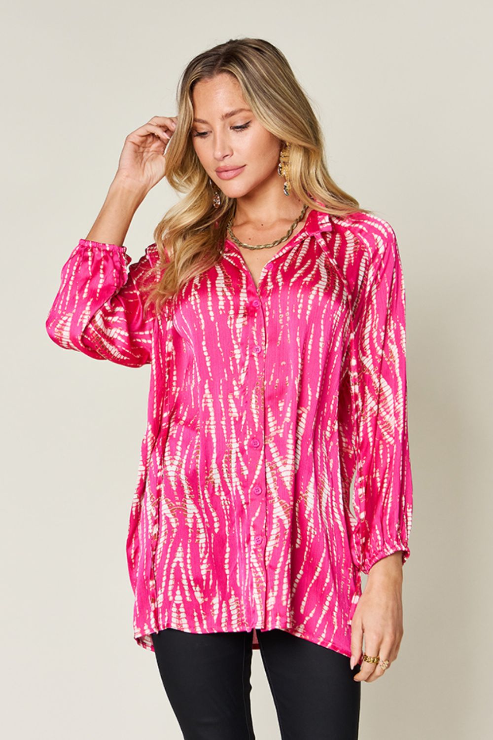 Double TakePrinted Button Up Long Sleeve Shirt