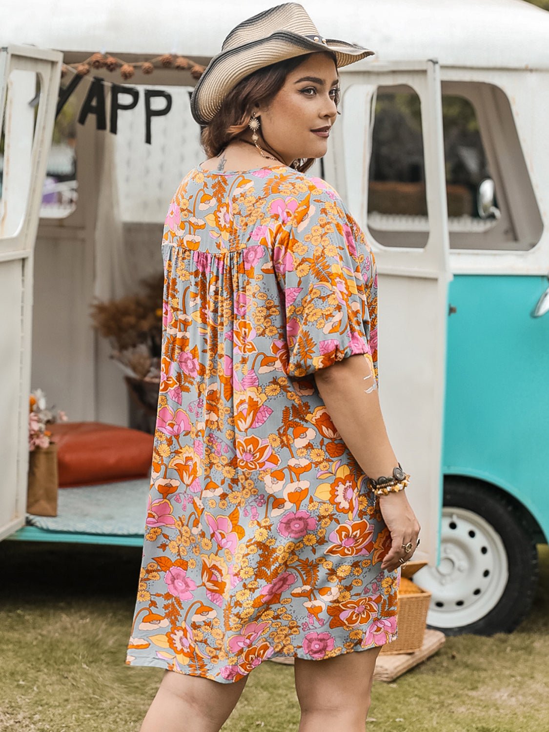 Beach Rose Co.Plus Size Floral Print Half Sleeve Mini Dress