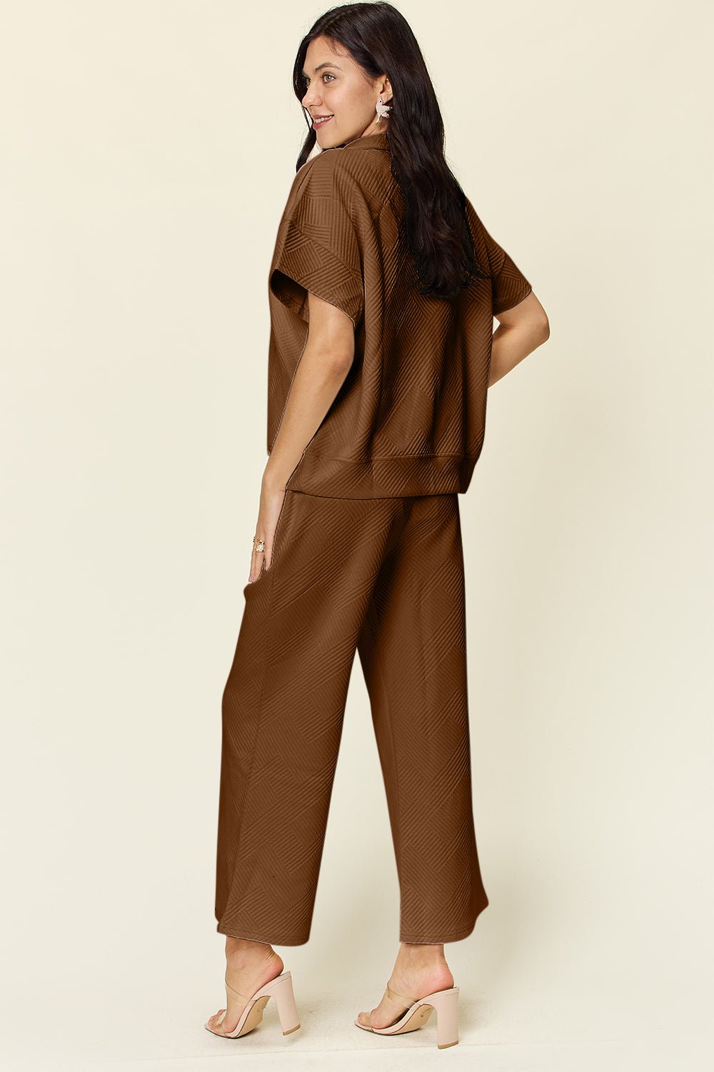 Double TakeTextured Half Zip Short Sleeve Top and Pants Set