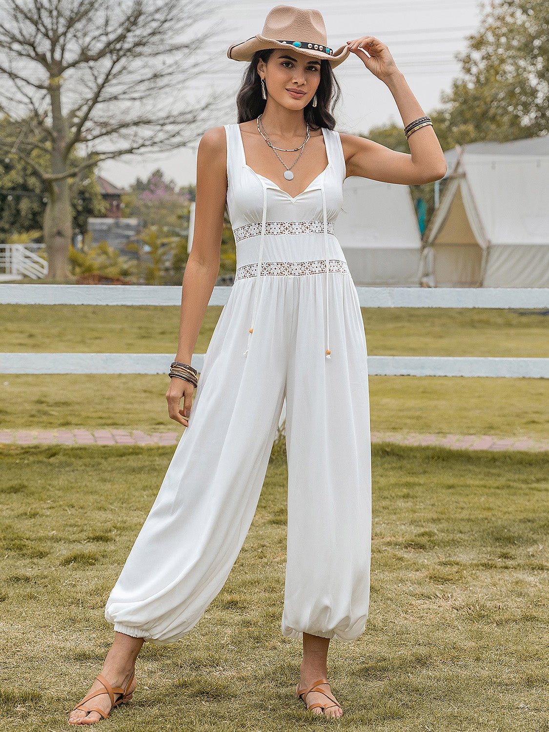 Beach Rose Co.Backless Wide Strap Wide Leg Jumpsuit in White