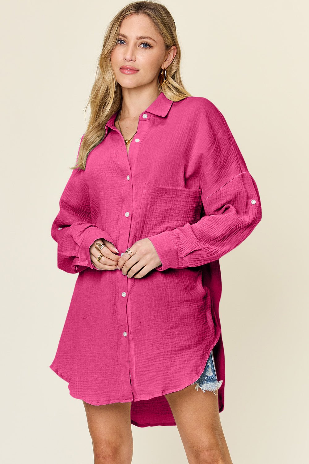 Double TakeTextured Button Up Cotton Shirt