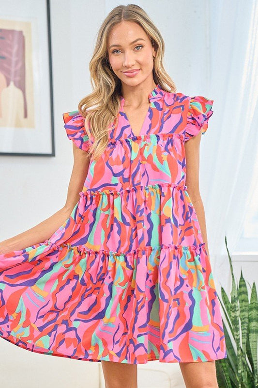 First LoveMulticolor Printed Ruffle Cap Sleeve Tiered Mini Dress