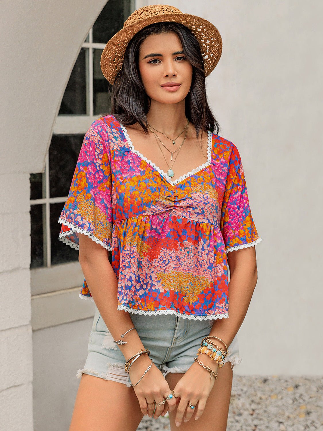 Beach Rose Co.Floral Print Half Sleeve Blouse in Strawberry