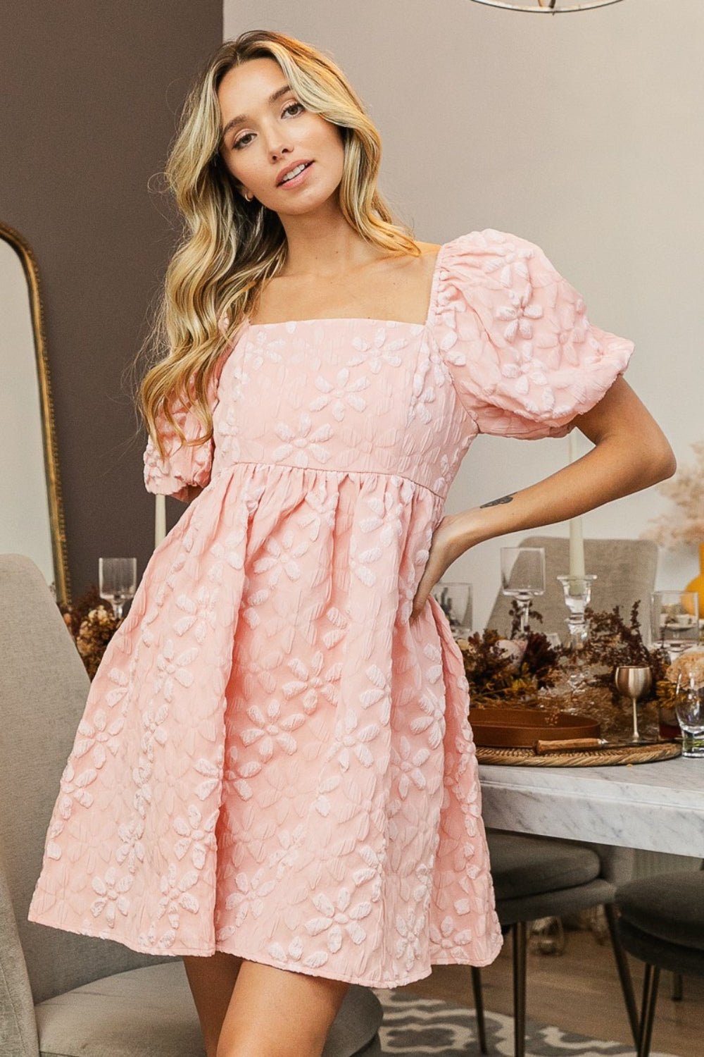 BiBiFloral Jacquard Puff Sleeve Mini Dress in Blush