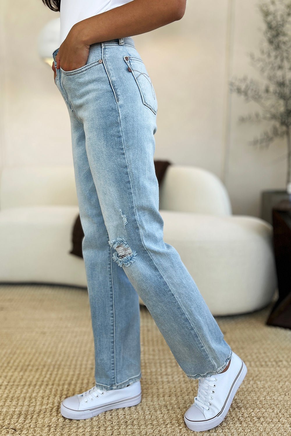 Judy BlueLight Wash High Waist Distressed Straight Jeans