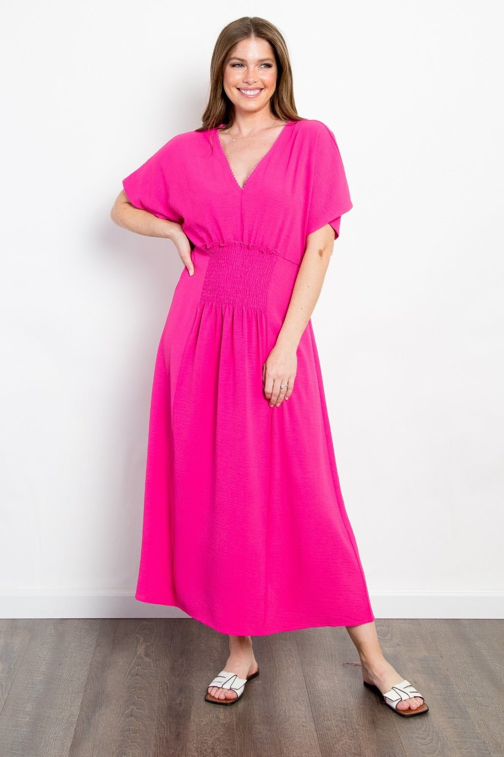 BE StageSmocked Waist Short Sleeve Maxi Dress in Fuchsia