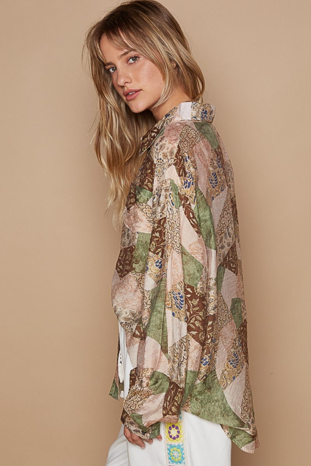 POLButton - Down Long Sleeve Printed Shirt in Moss Charcoal