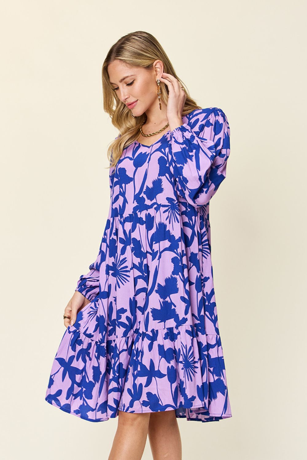 Double TakeFloral Print Ruffle Hem Long Sleeve Knee - Length Dress