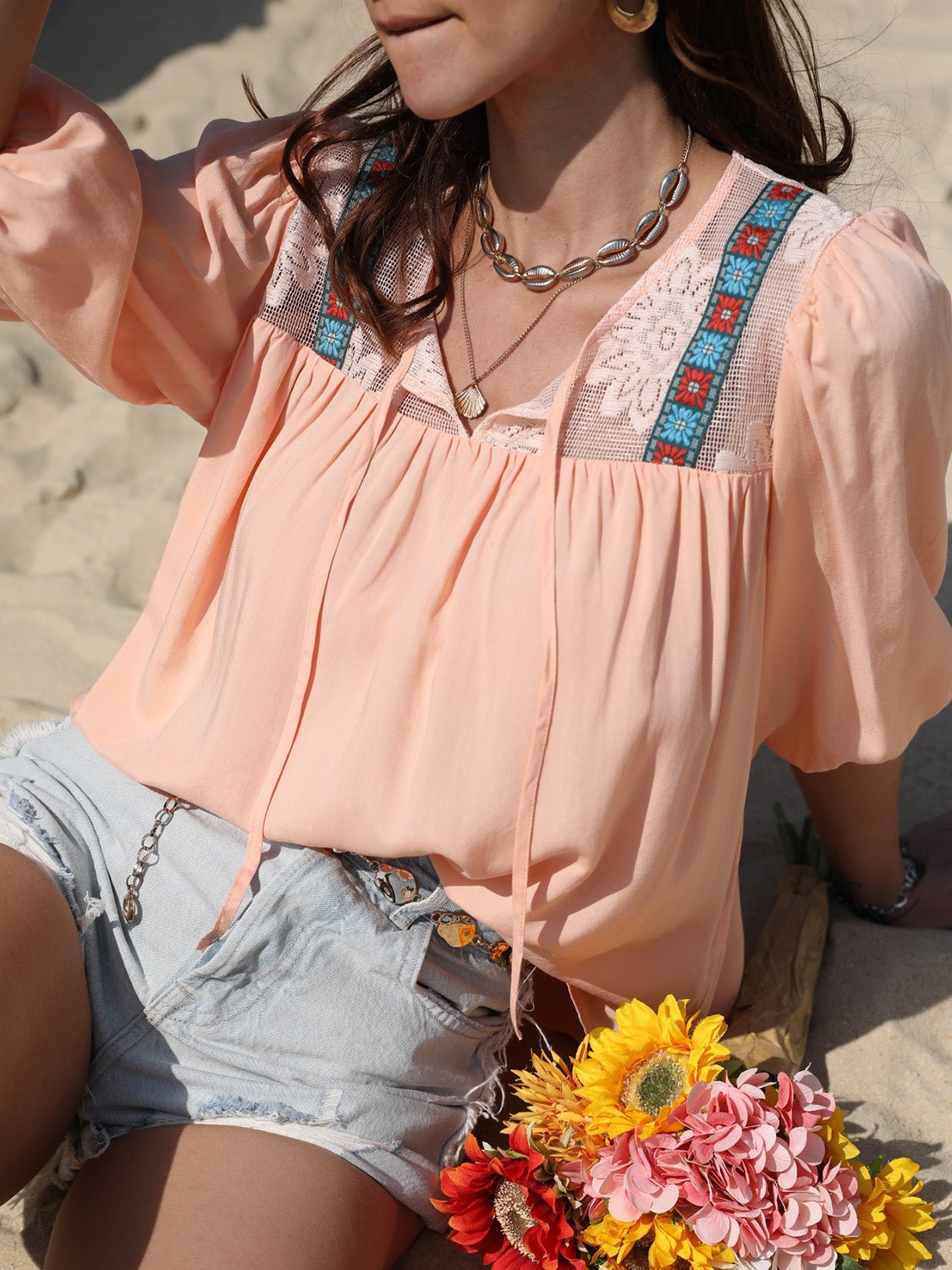 Beach Rose Co.Tie Neck Half Sleeve Blouse in Watermelon Pink