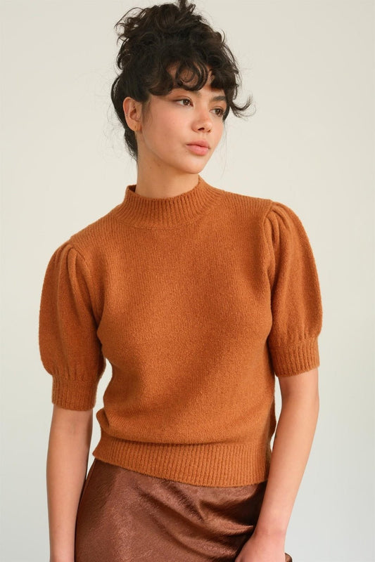 HYFVEMock Neck Puff Sleeve Sweater in Chocolate