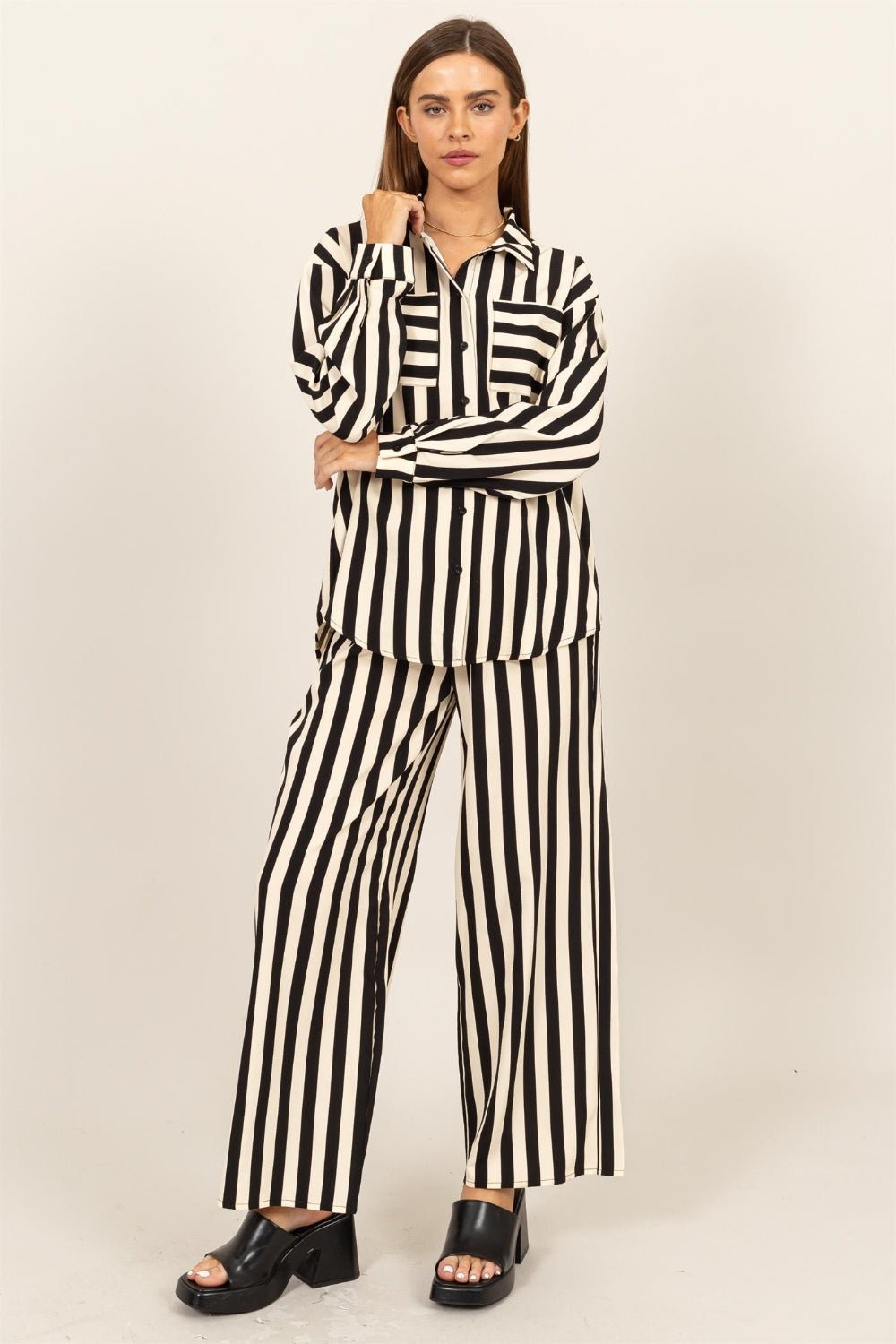 HYFVEBlack & Ivory Striped Button Up Shirt and Pants Set