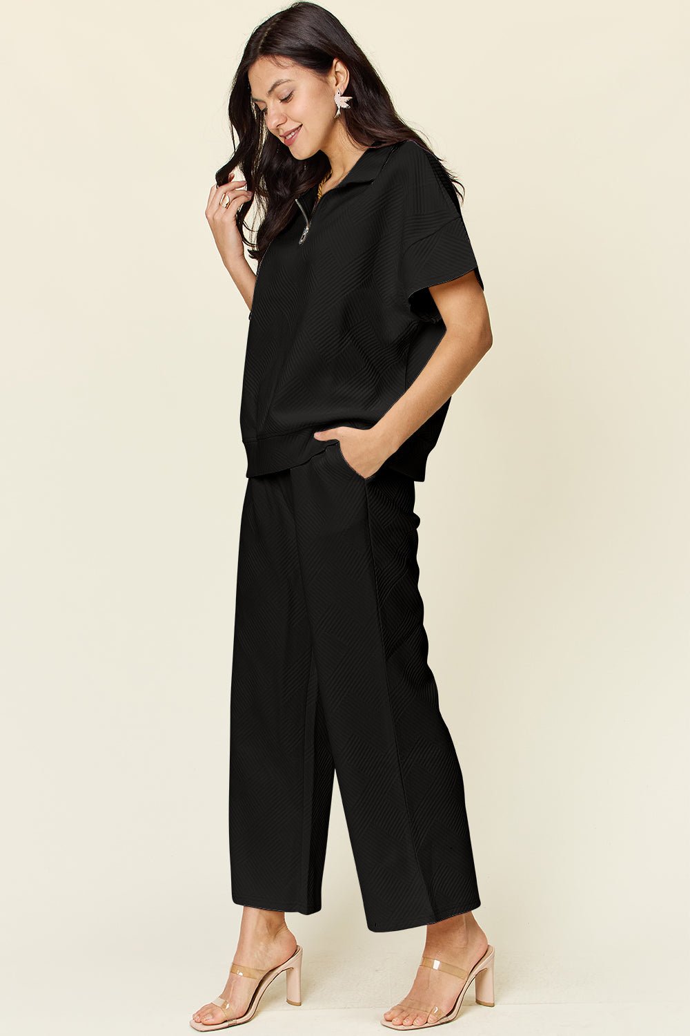 Double TakeTextured Half Zip Short Sleeve Top and Pants Set