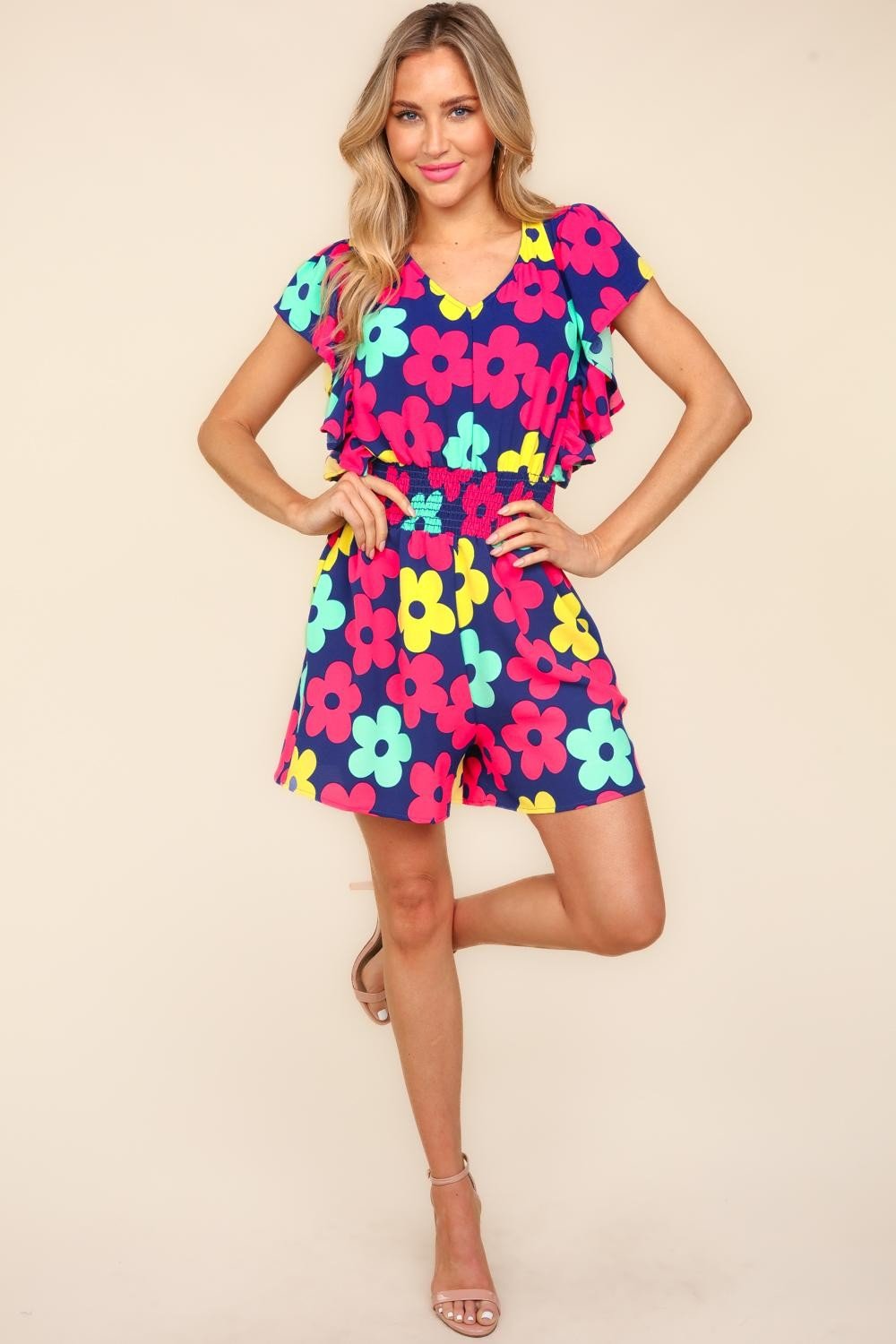 HapticsFloral Smocked Waist Romper in Navy/Fuchsia