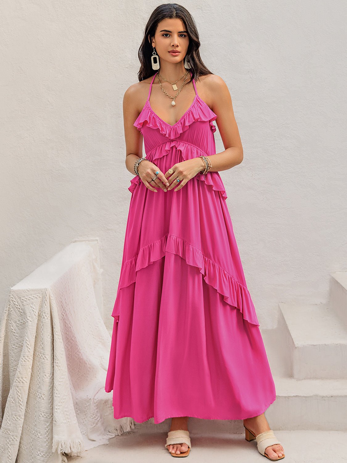 Beach Rose Co.Ruffled Halter Neck Sleeveless Maxi Dress in Hot Pink