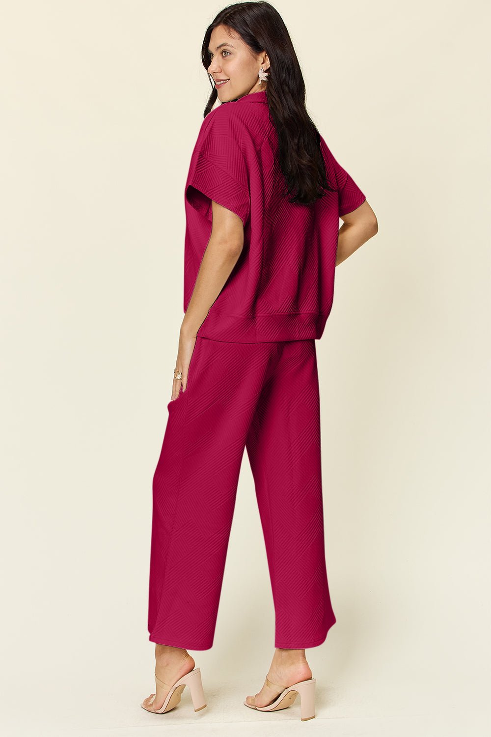 Double TakeTextured Half Zip Short Sleeve Top and Pants Set