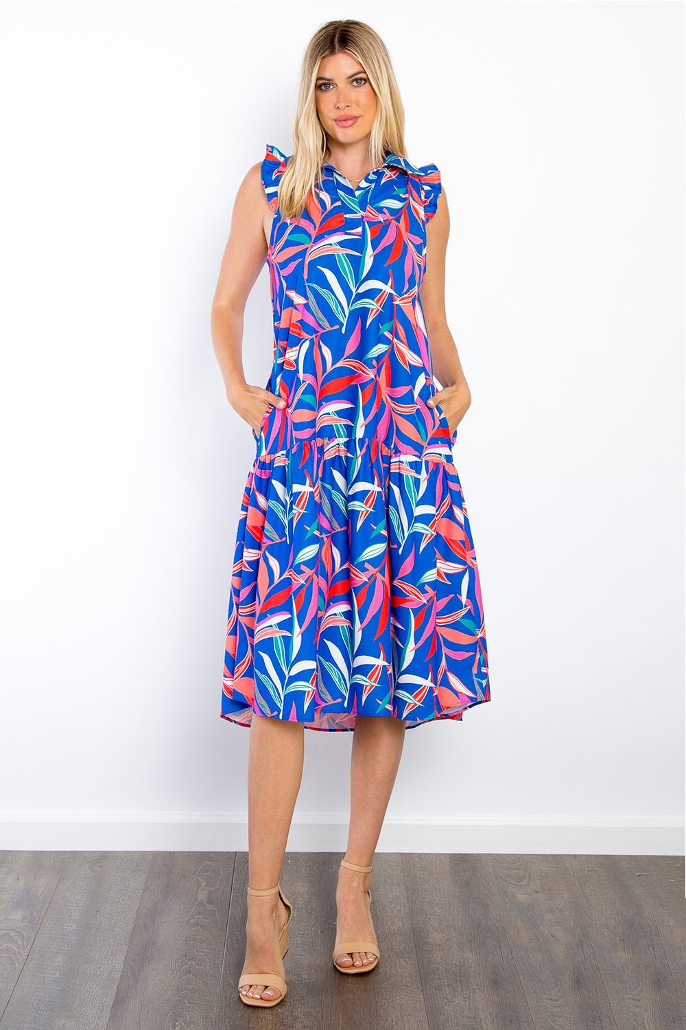 BE StageLeaf Print Ruffled Sleeveless Midi Dress with Pockets in Royal Blue