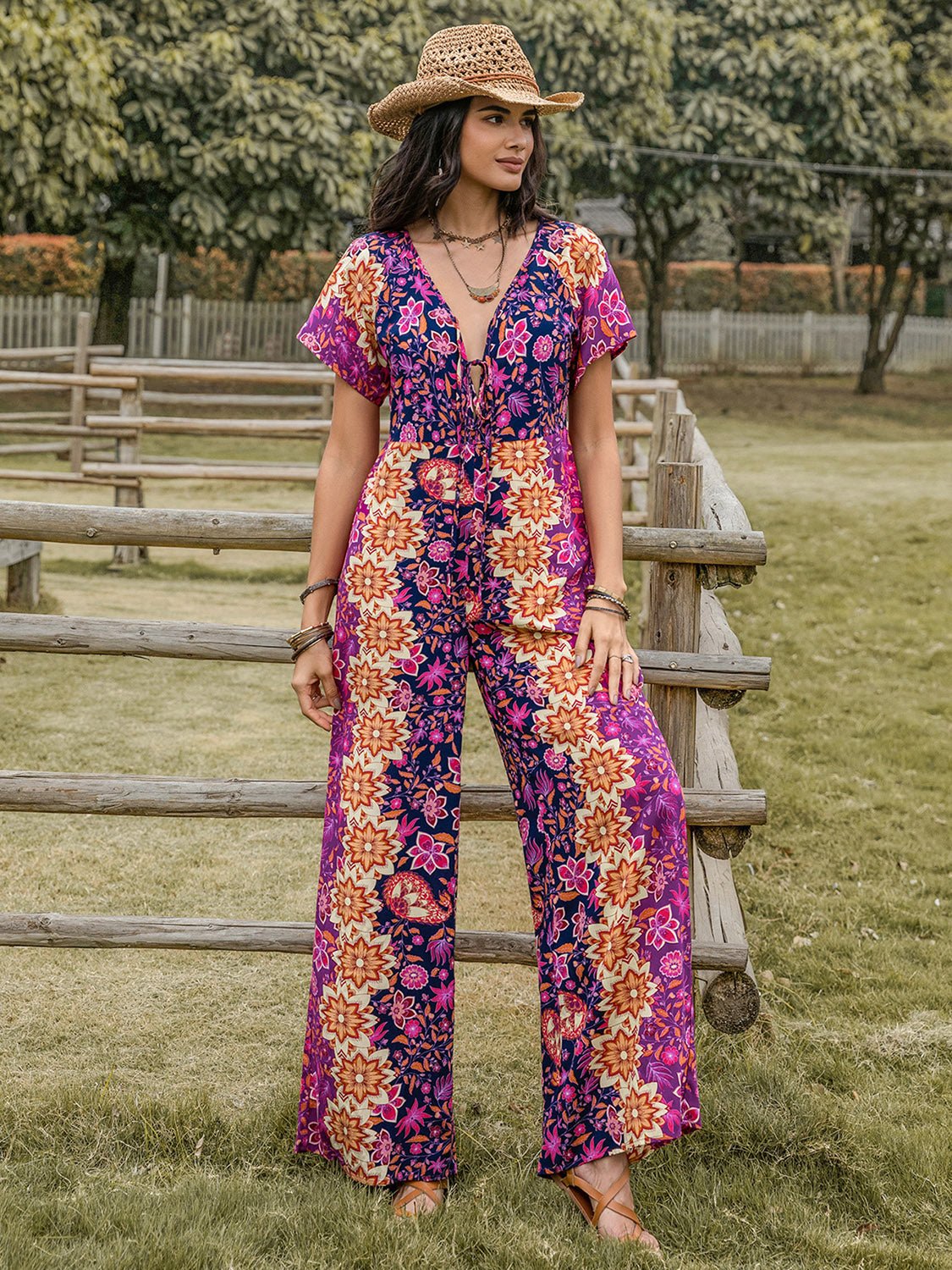 Beach Rose Co.Tied V - Neck Short Sleeve Jumpsuit in Purple