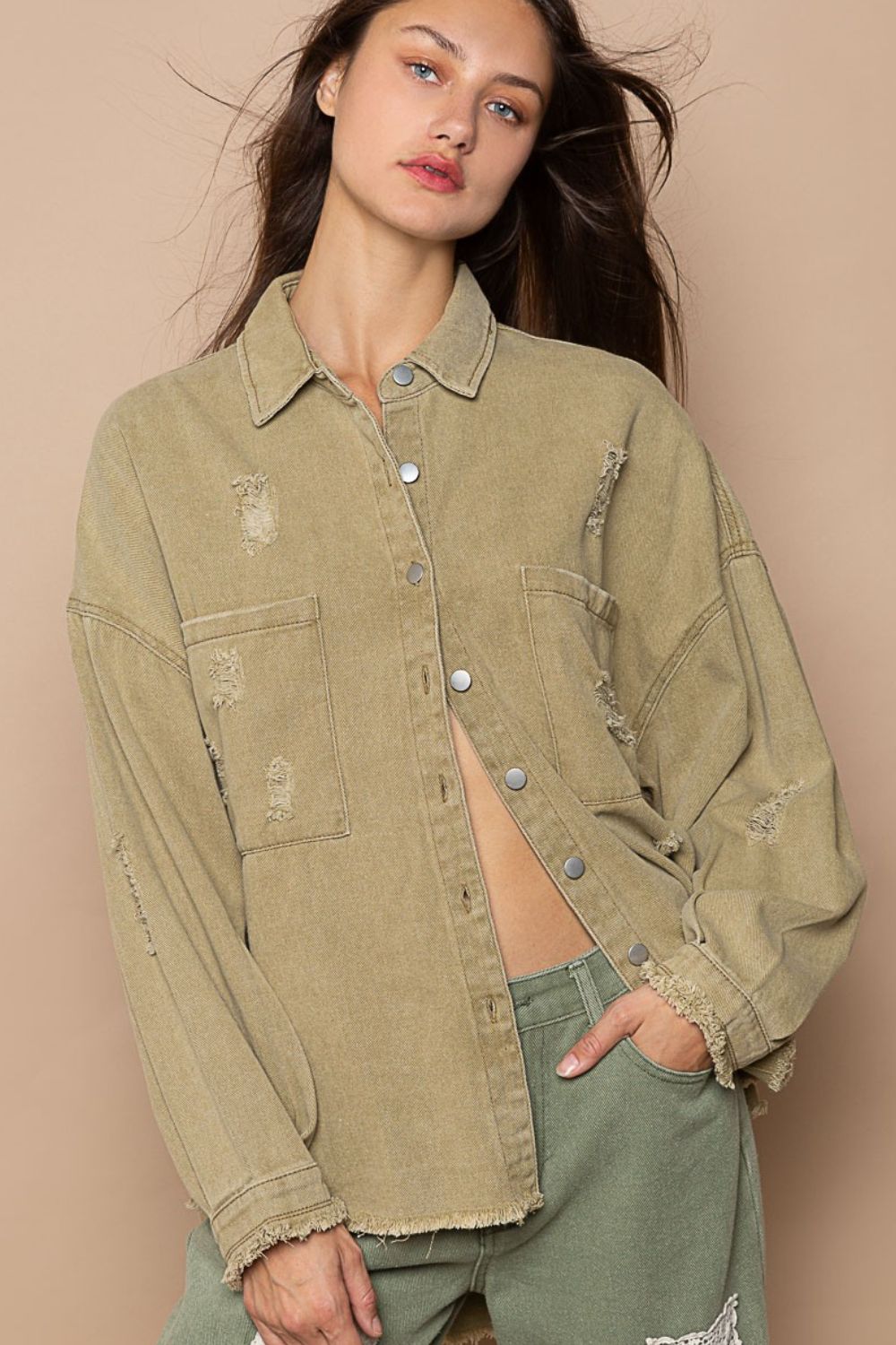 POLButton Down Raw Hem Distressed Shacket in Mocha Herb