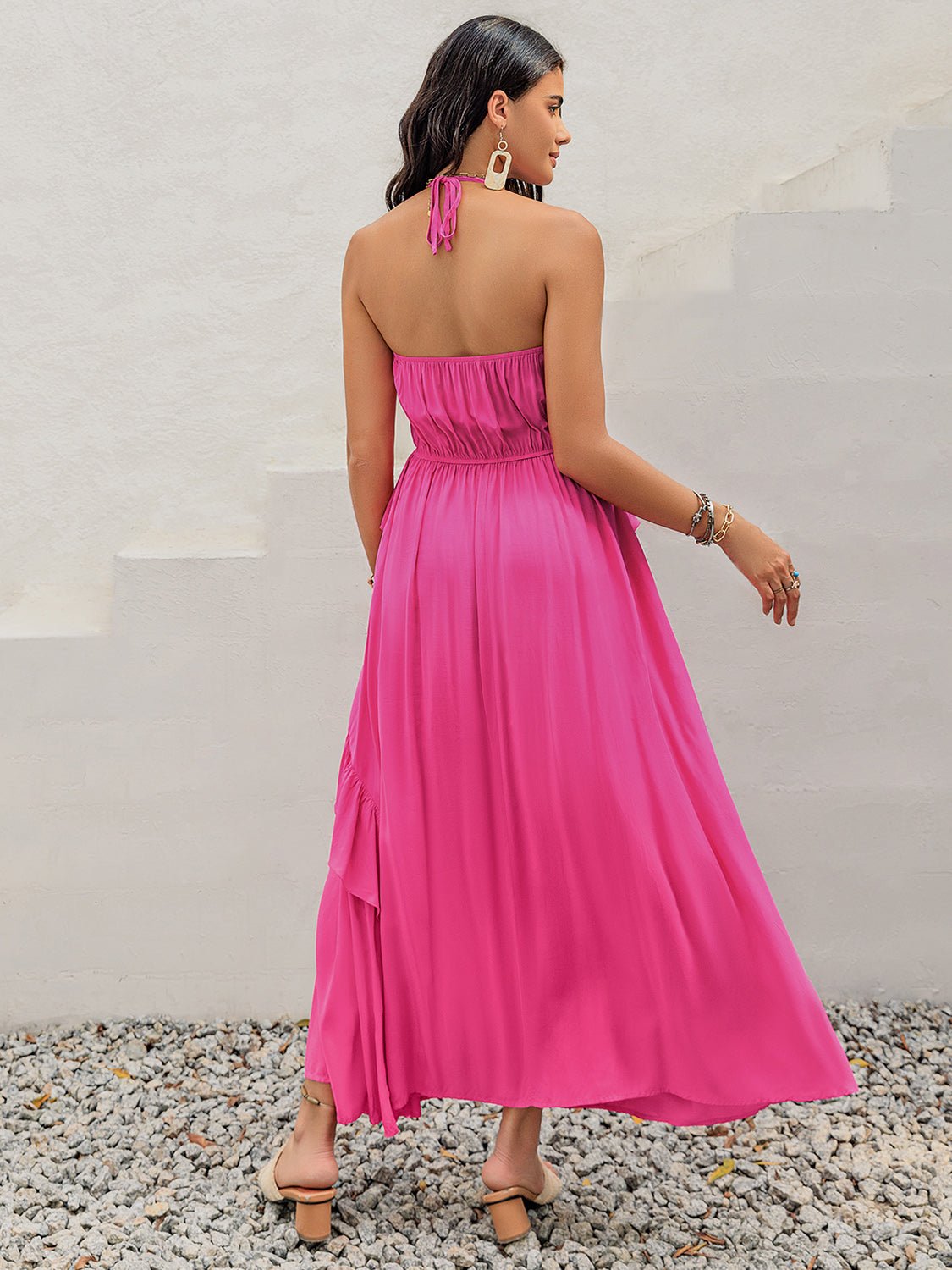 Beach Rose Co.Ruffled Halter Neck Sleeveless Maxi Dress in Hot Pink