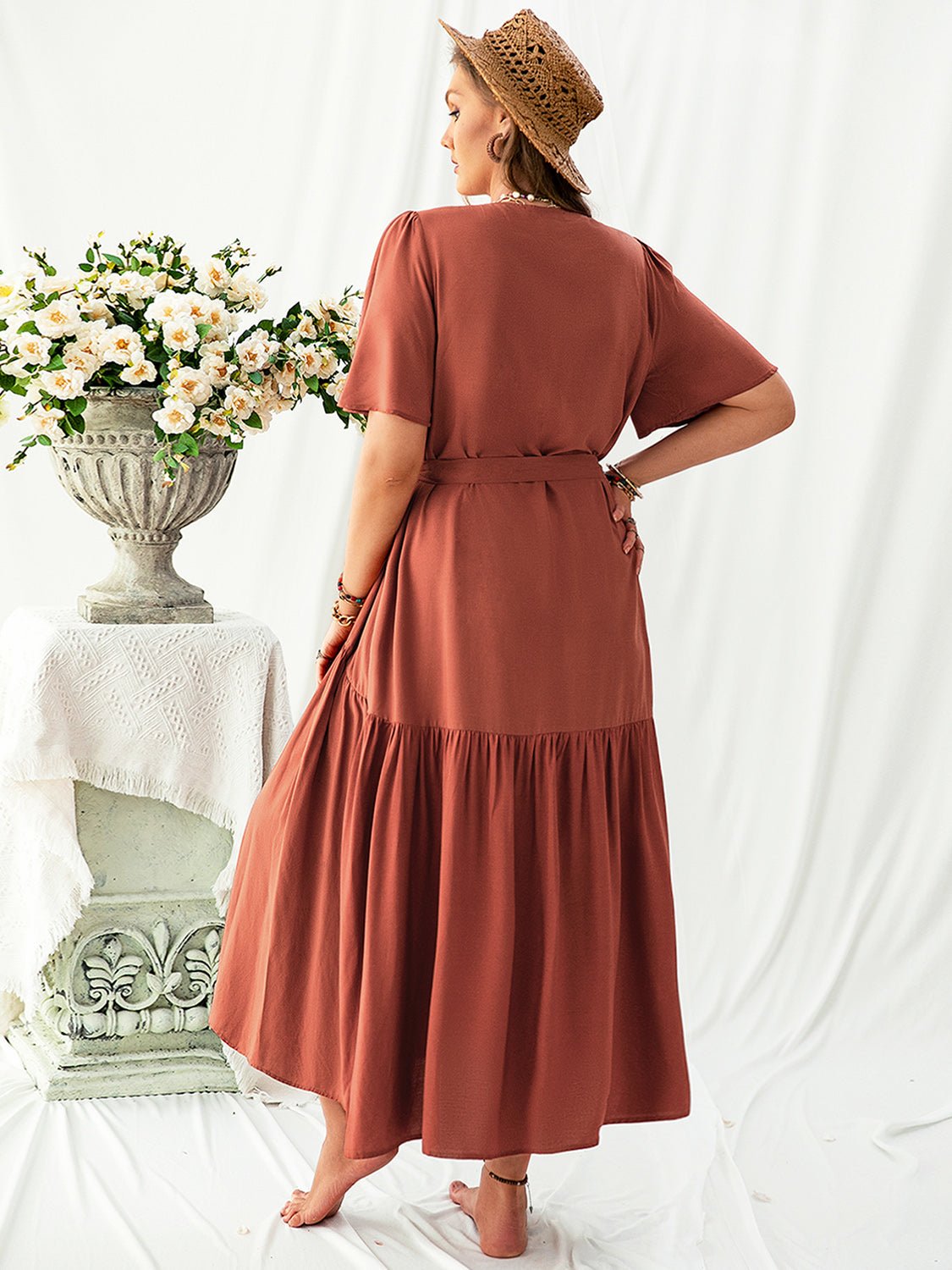 Beach Rose Co.Plus Size V - Neck Flutter Sleeve Midi Dress in Rust