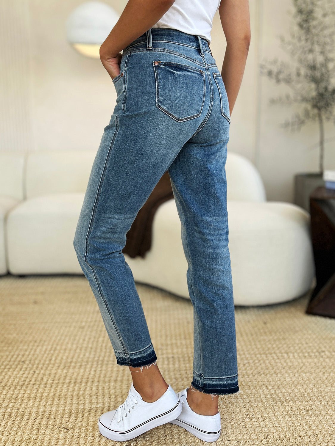 Judy BlueMedium Wash Mid Rise Rigid Magic Released Hem Jeans