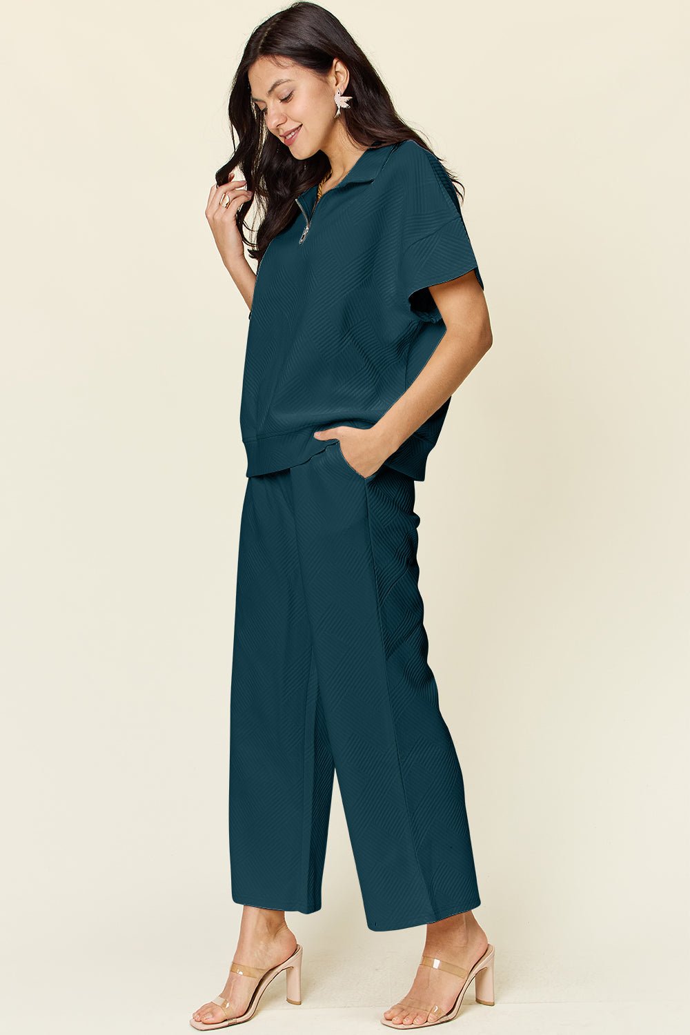 Double TakeTextured Half Zip Short Sleeve Top and Pants Set