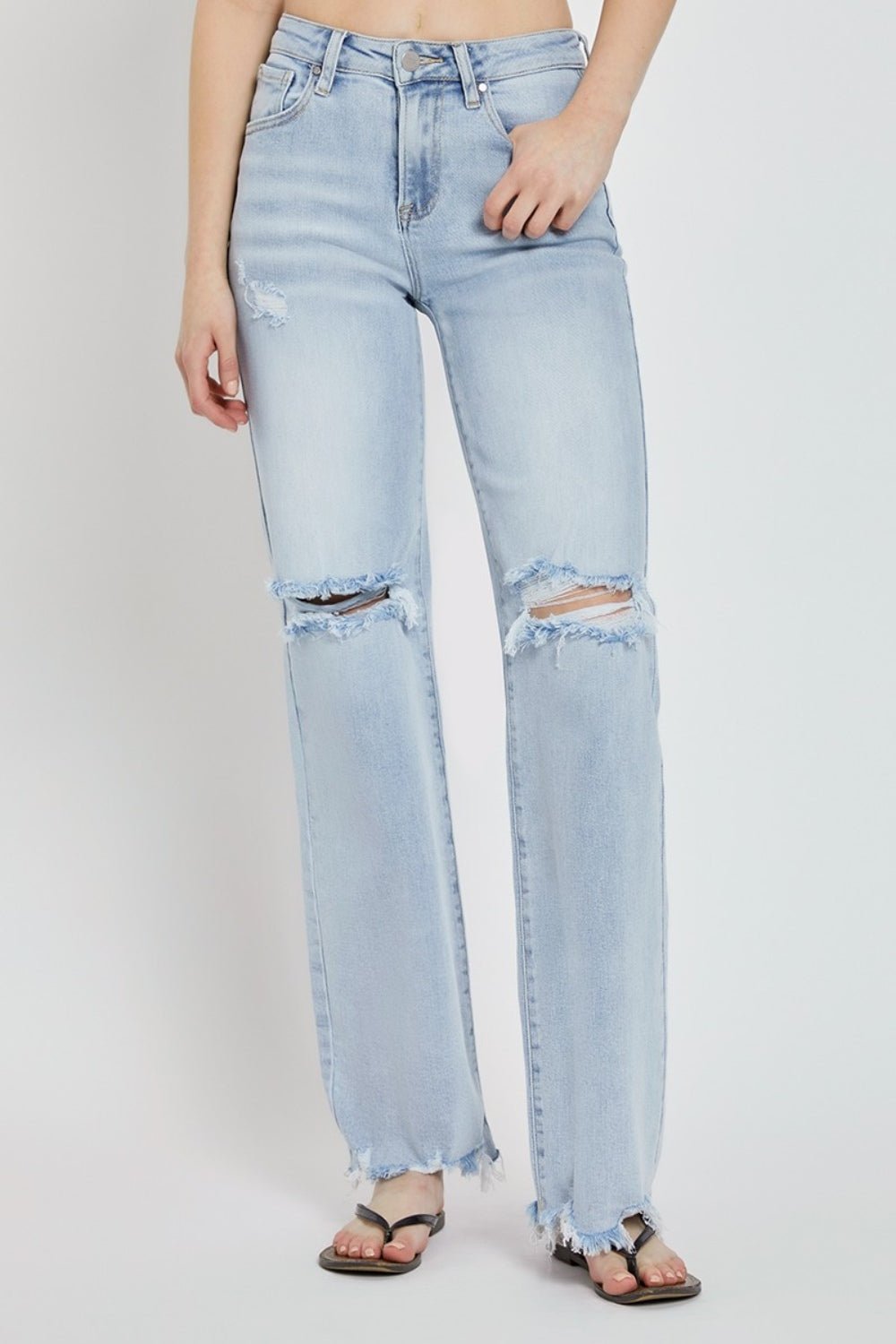 RISENLight Wash High Rise Distressed Wide Leg Jeans