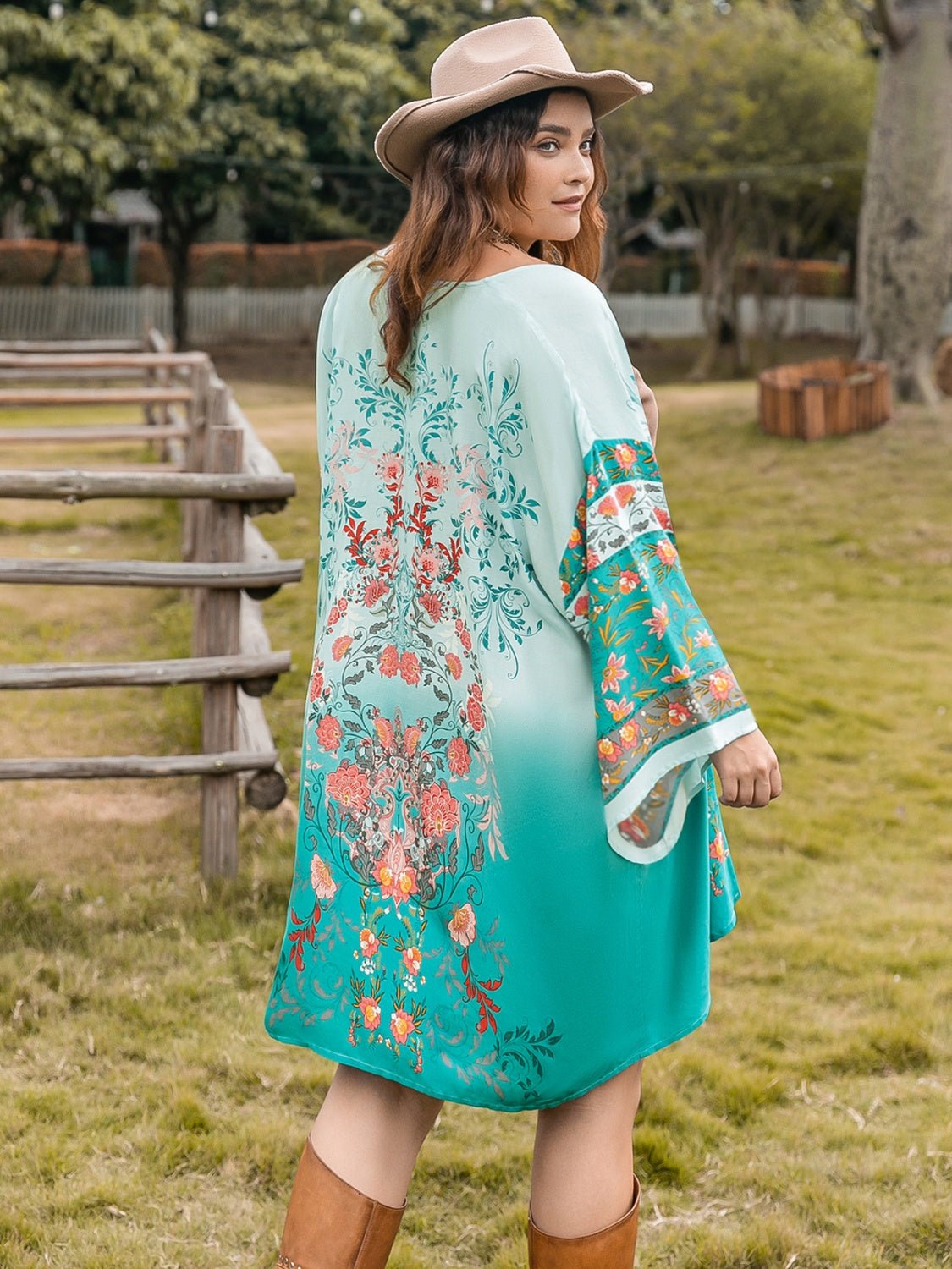 Beach Rose Co.Plus Size Printed Open Front Long Sleeve Cover Up in Turquoise