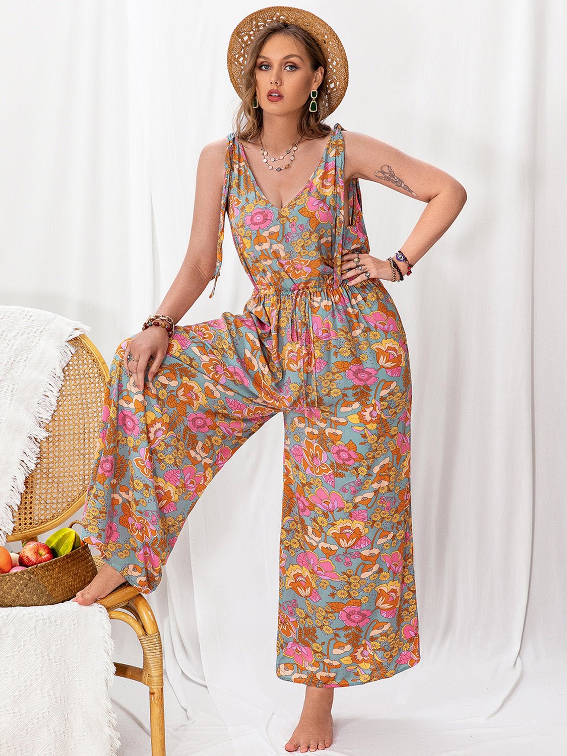 Beach Rose Co.Plus Size Multicolor Printed Wide Leg Sleeveless Jumpsuit