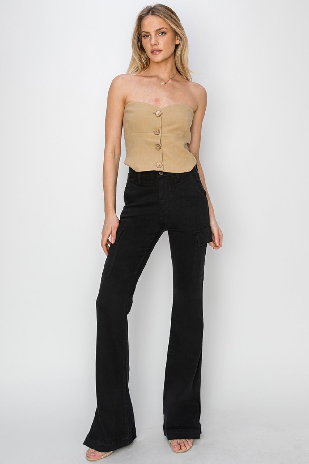 RISENHigh Rise Side Slit Cargo Bootcut Jeans in Black