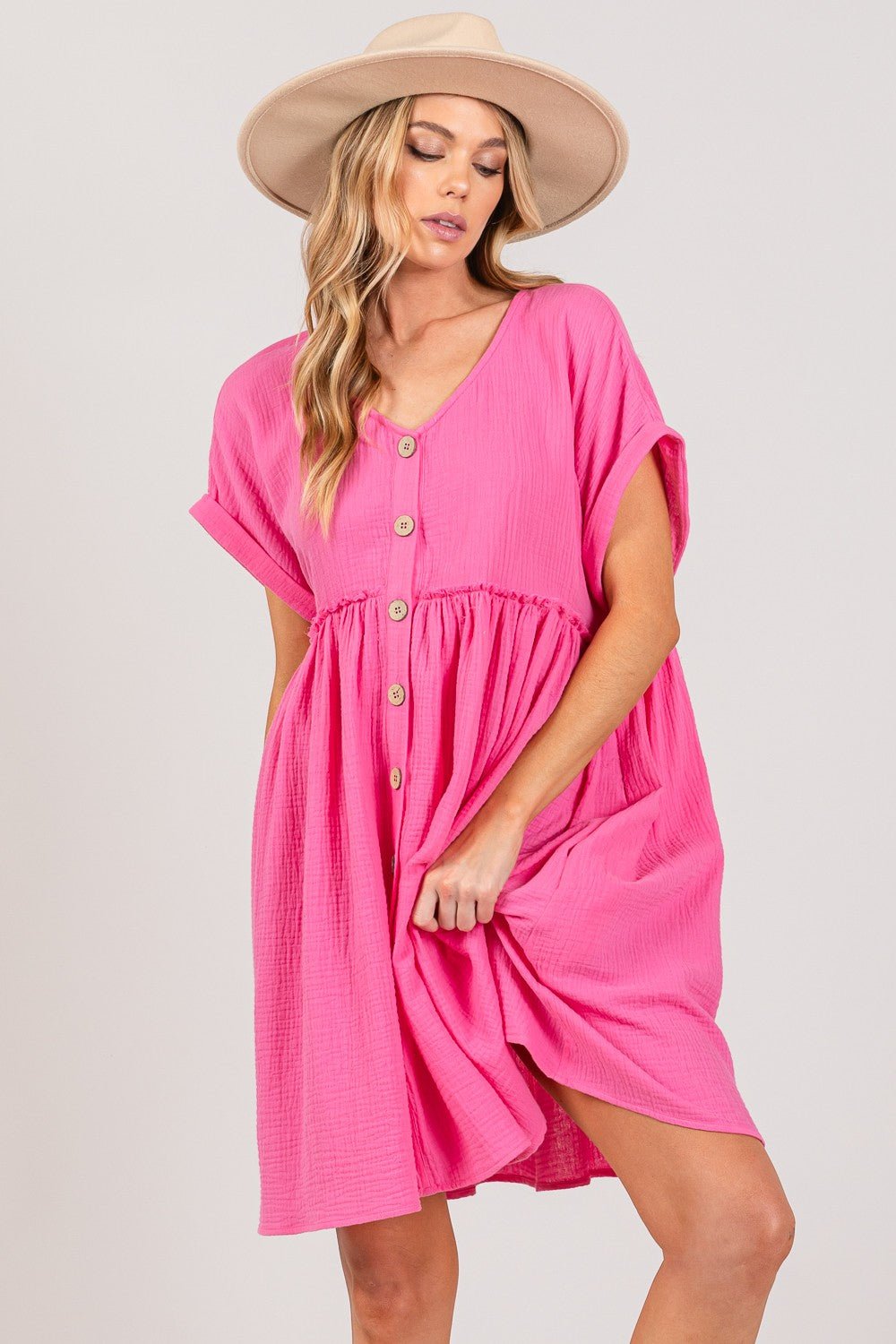 SAGE+FIGButton Up Short Sleeve Mini Dress in Pink