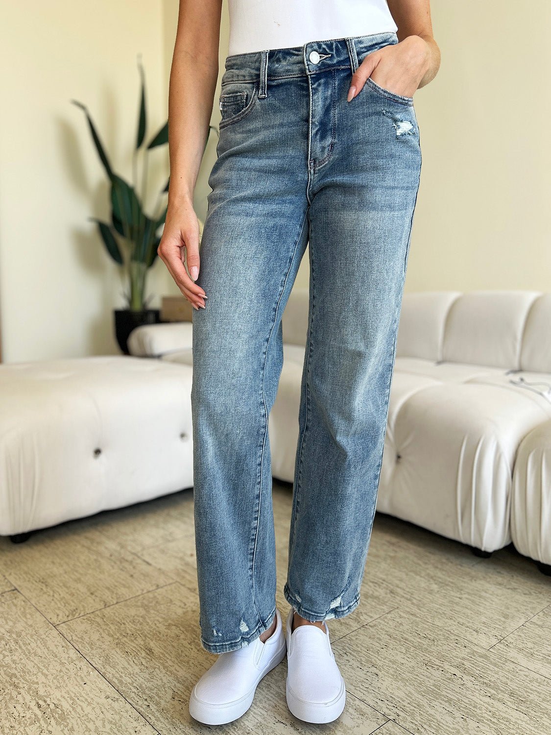 Judy BlueMedium Wash High Waist Distressed Straight Leg Jeans