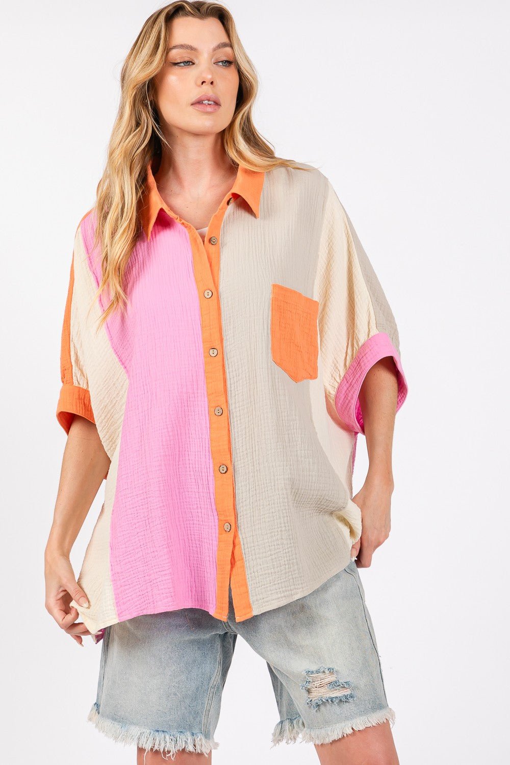 SAGE+FIGMulticolor Color Block Button - Down Shirt