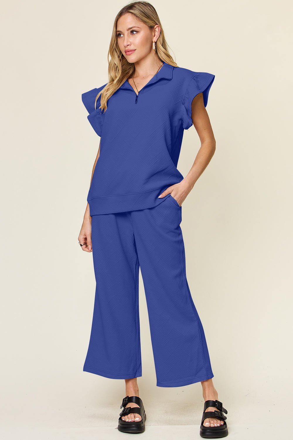 Double TakeTextured Ruffle Short Sleeve Top and Drawstring Wide Leg Pants Set