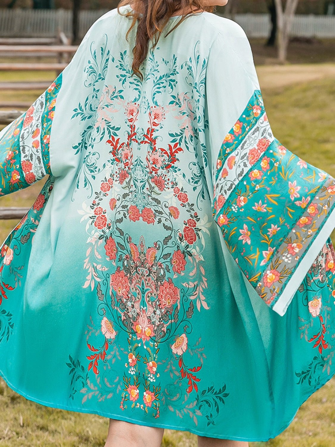 Beach Rose Co.Plus Size Printed Open Front Long Sleeve Cover Up in Turquoise