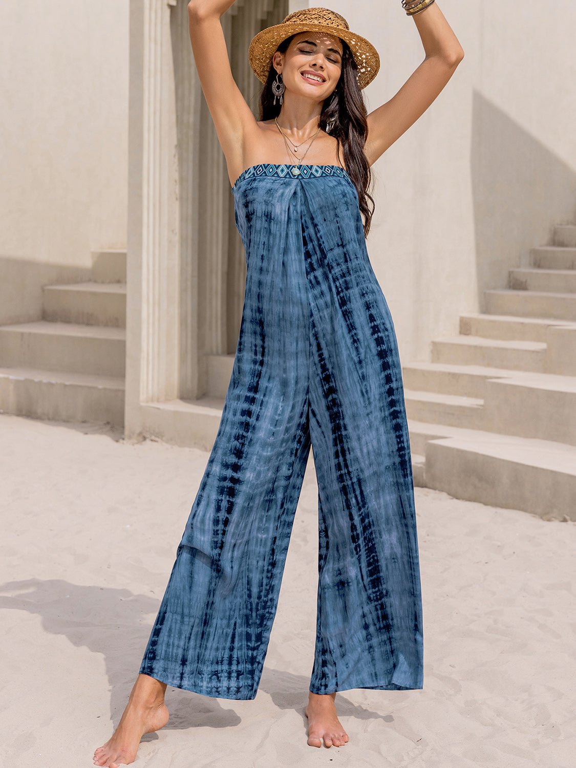 Beach Rose Co.Strapless Tie Dye Wide Leg Jumpsuit in Blue