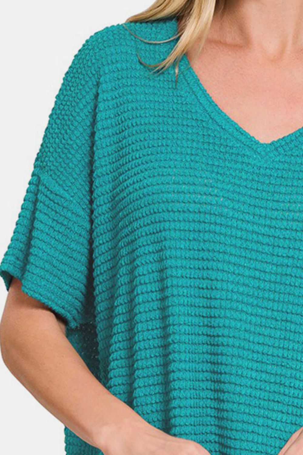 ZenanaDrop Shoulder Short Sleeve Waffle Knit Top in Light Teal