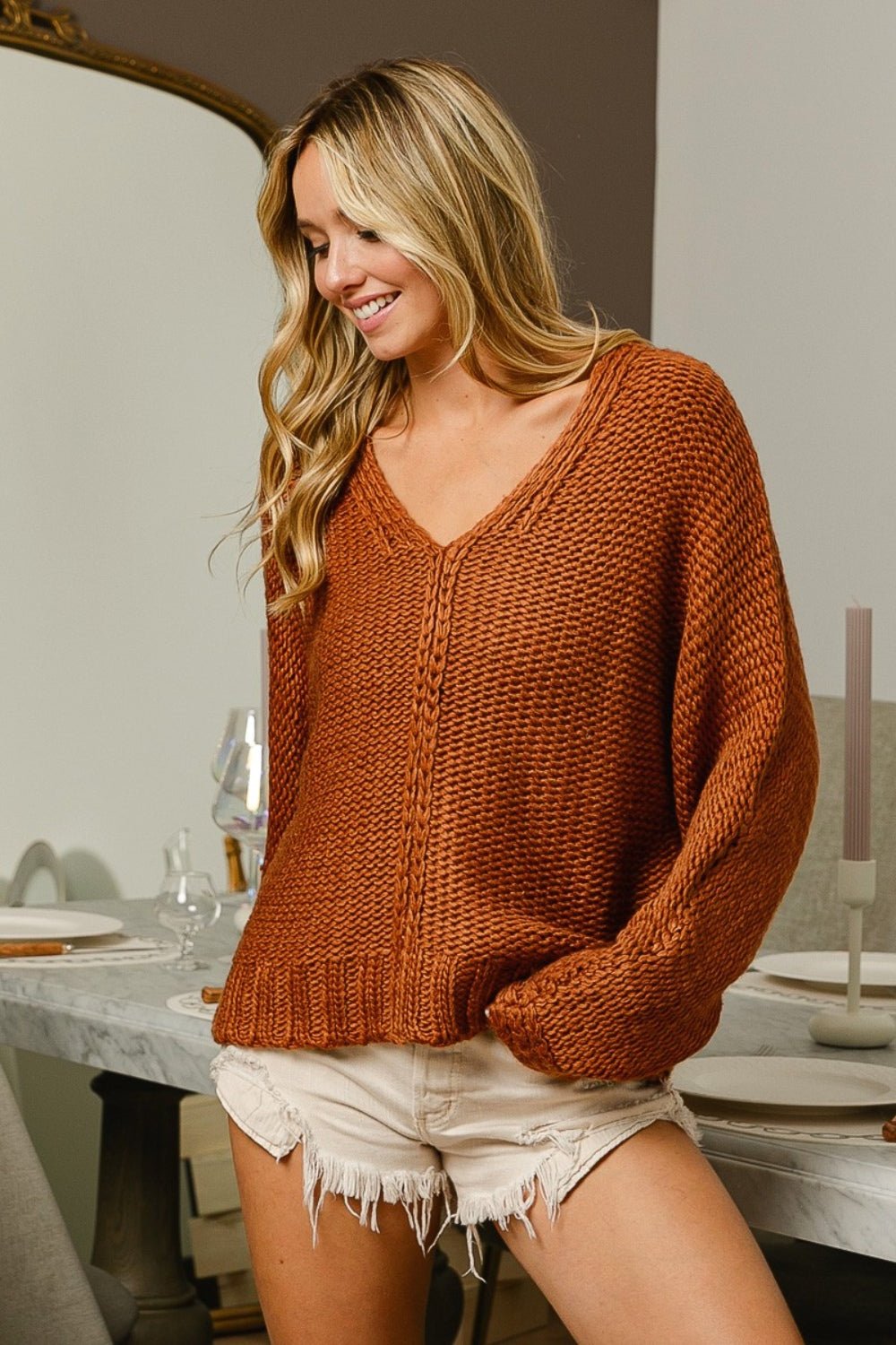 BiBiV - Neck Cable Knit Sweater in Cinnamon