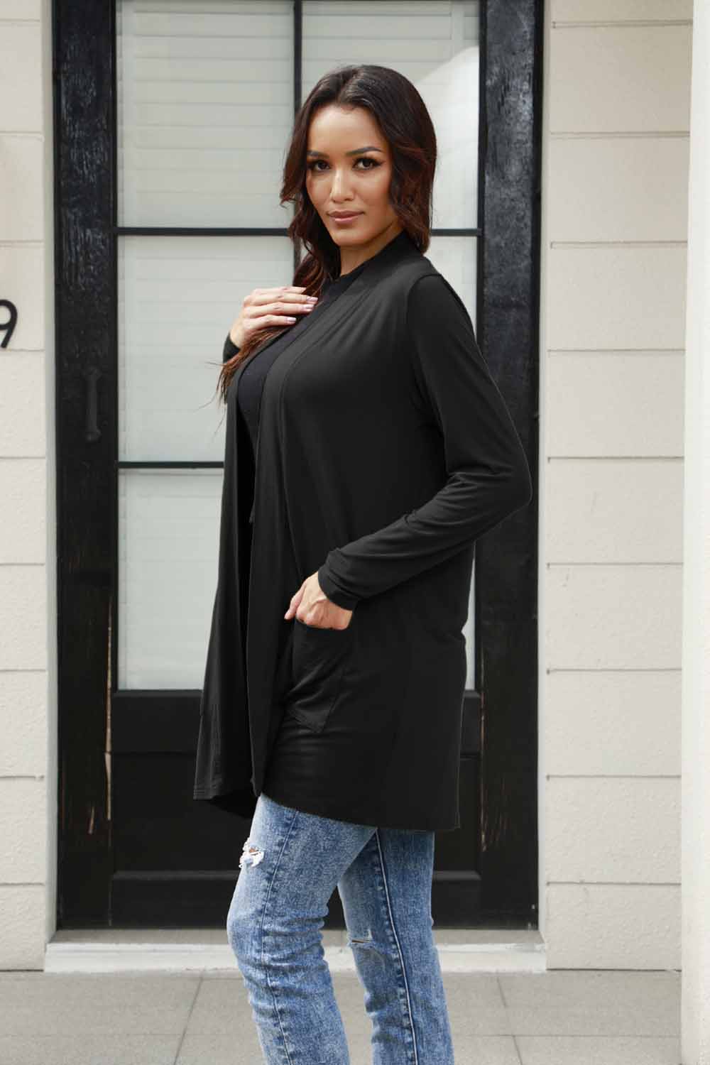 Basic BaeOpen Front Long Sleeve Cardigan with Pockets