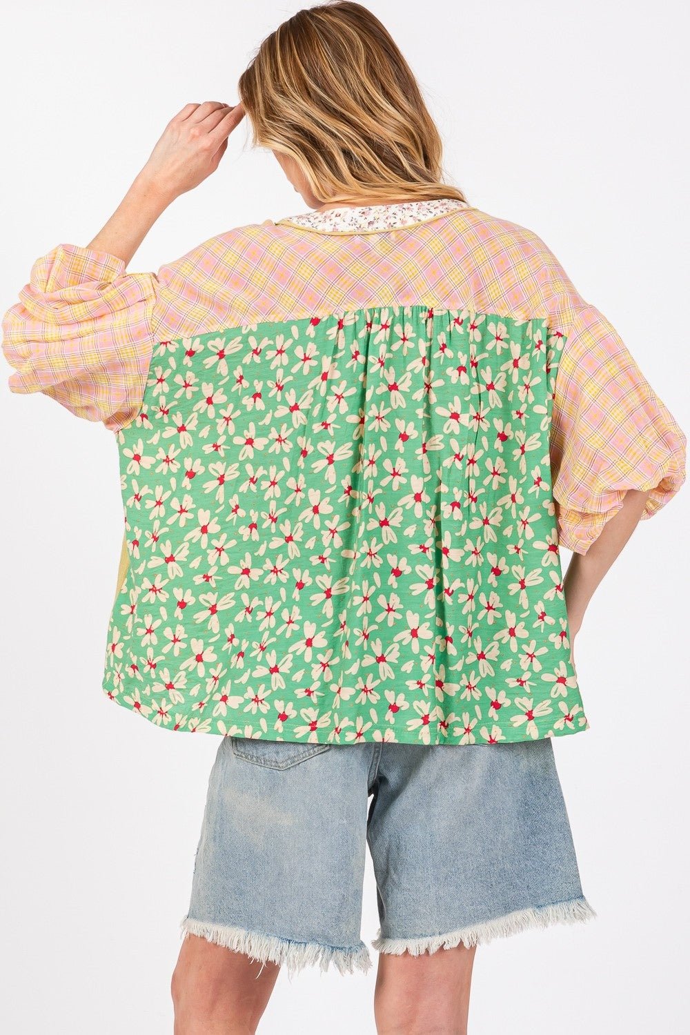 SAGE+FIGColor Block Bubble Sleeve Top in Sage