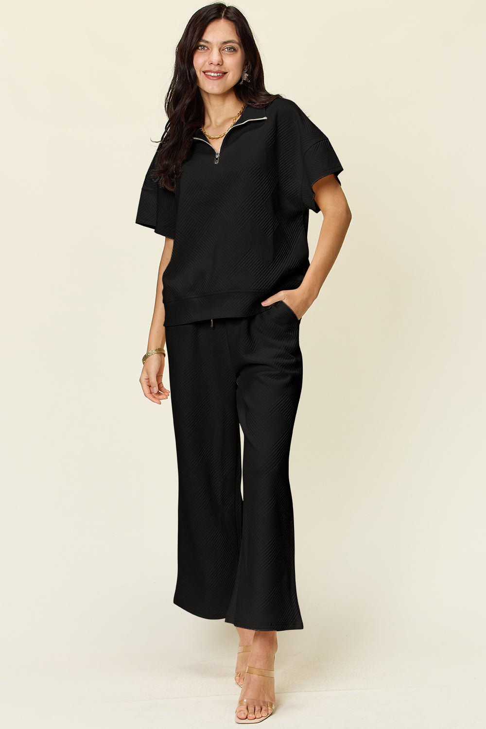 Double TakeTextured Half Zip Short Sleeve Top and Pants Set