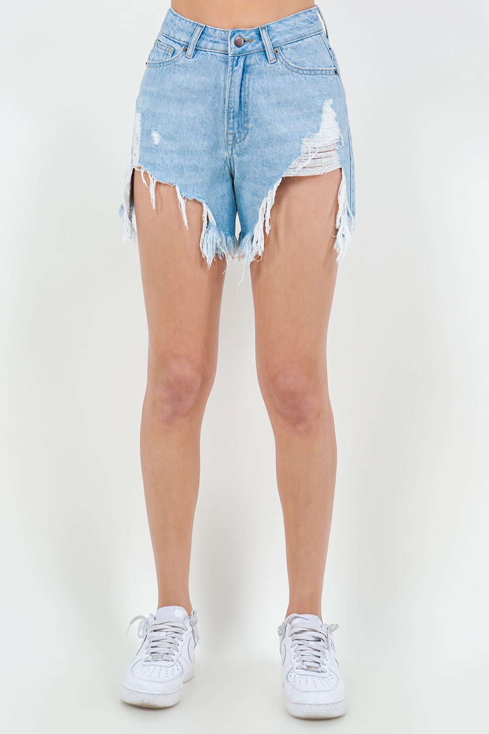 American BaziHigh Waist Fringed Hem Denim Shorts