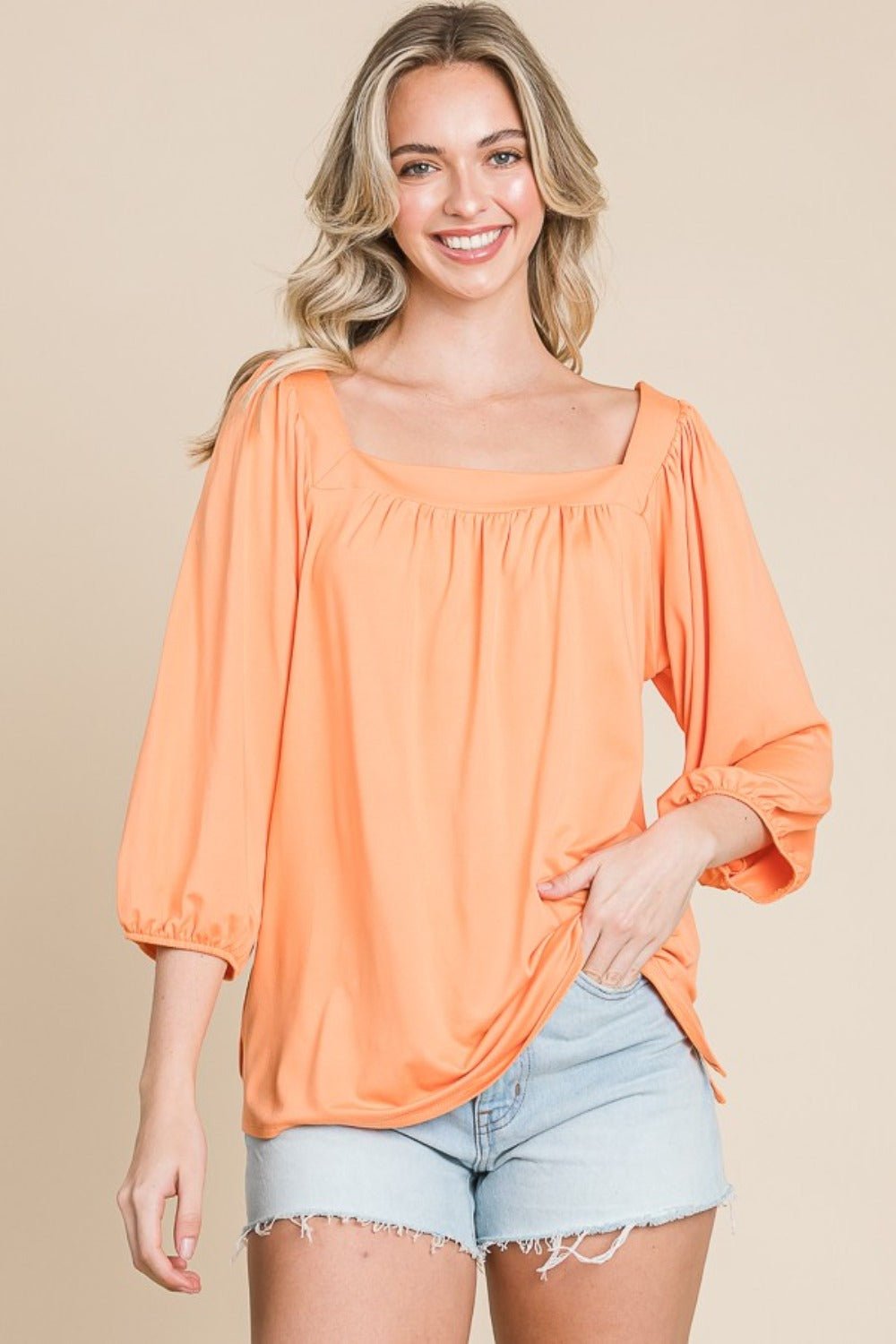 Culture CodeSquare Neck Puff Sleeve Top in Salmon